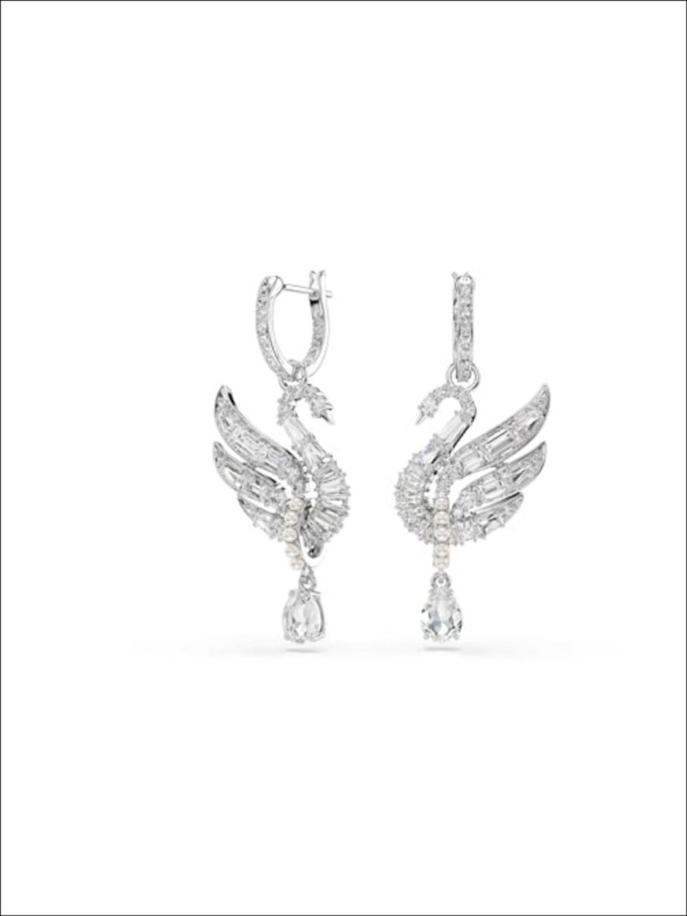 Crystal Swan Dangle Earrings Rhodium Finish Clip On